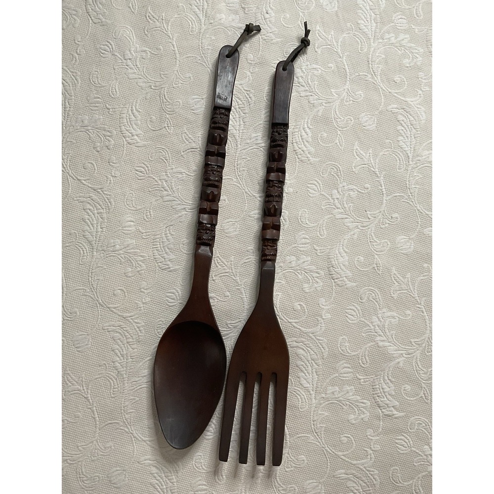 Vintage MCM Fork Spoon Kitchen Wall Decor Tiki Totem Pole Hand Carved Wood 29" - Picture 5 of 16